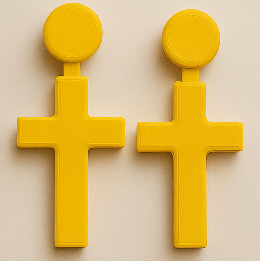 Cross earrings in yellow with round stud top and bold shape