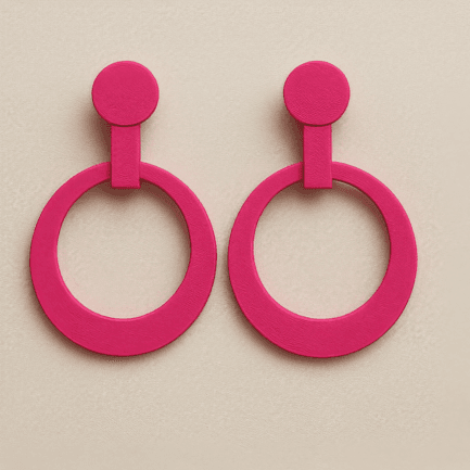 Red hoop earrings with circular top and open ring design