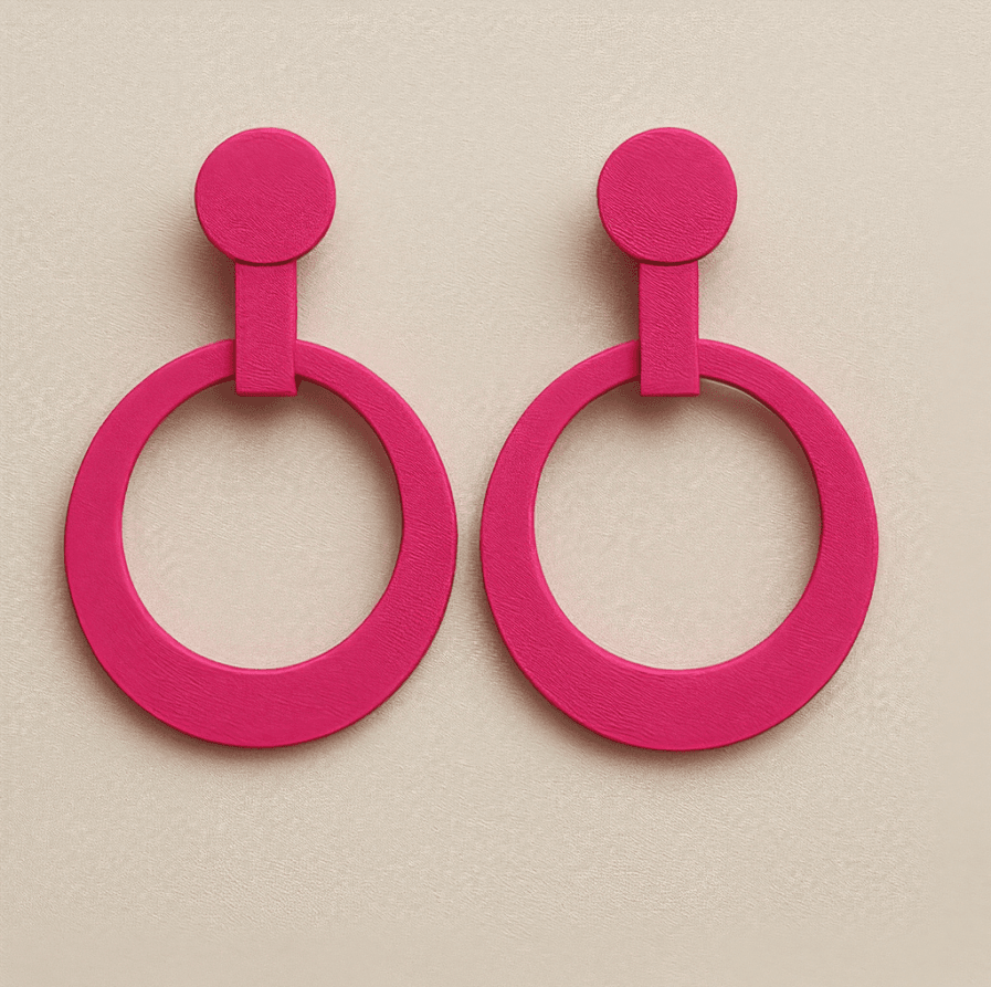 Red hoop earrings with circular top and open ring design