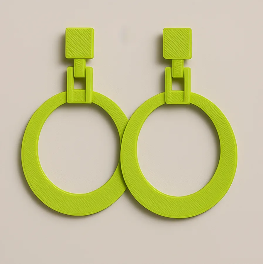 Green hoop earrings with rectangular link detail by MonoContrast