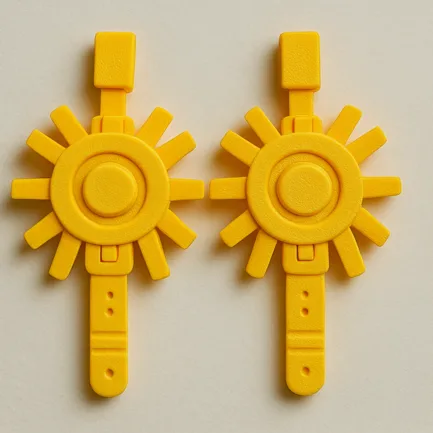 SolarForge bold yellow sunburst 3D printed earrings, featuring a radiating geometric sun design.