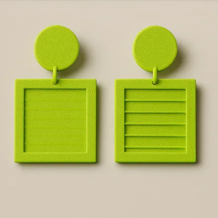 GridLine neon green striped square 3D printed earrings featuring a geometric square shape with horizontal stripes.