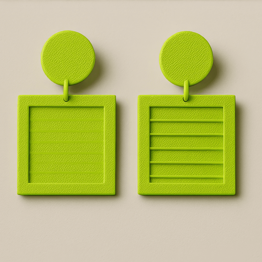 GridLine neon green striped square 3D printed earrings featuring a geometric square shape with horizontal stripes.