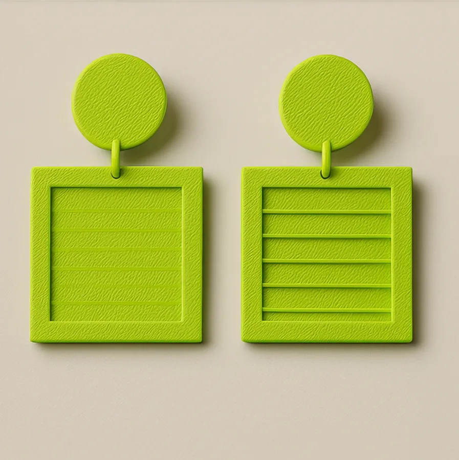 GridLine neon green striped square 3D printed earrings featuring a geometric square shape with horizontal stripes.