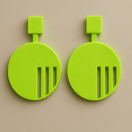 RhythmRound neon green striped circle 3D printed earrings featuring a geometric cutout design.