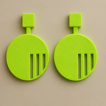 RhythmRound neon green striped circle 3D printed earrings featuring a geometric cutout design.