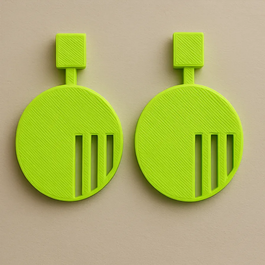 RhythmRound neon green striped circle 3D printed earrings featuring a geometric cutout design.