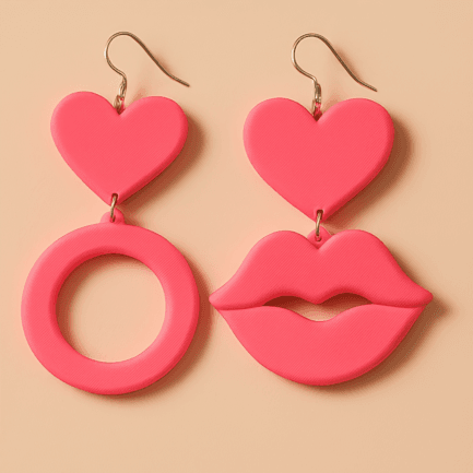 Heart dangle earrings with lips and circles in pink