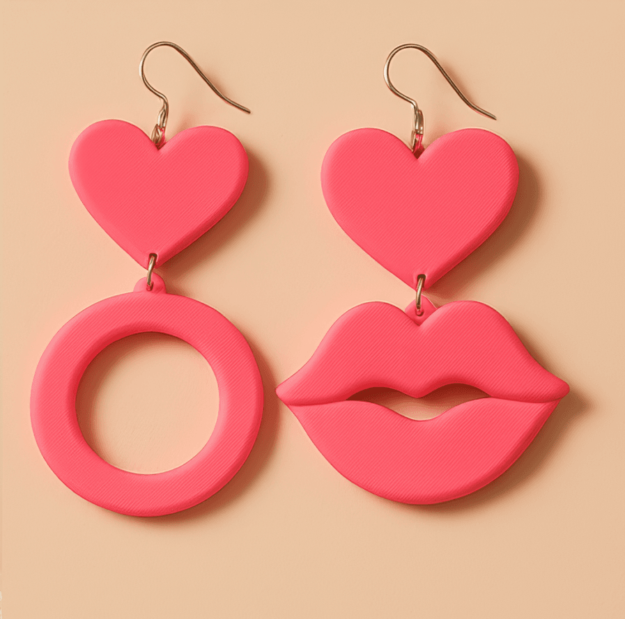 Heart dangle earrings with lips and circles in pink