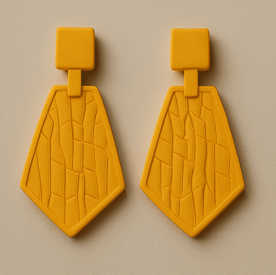 TerraShard bright yellow cracked trapezoid 3D printed earrings featuring a geometric trapezoid shape with a cracked texture.