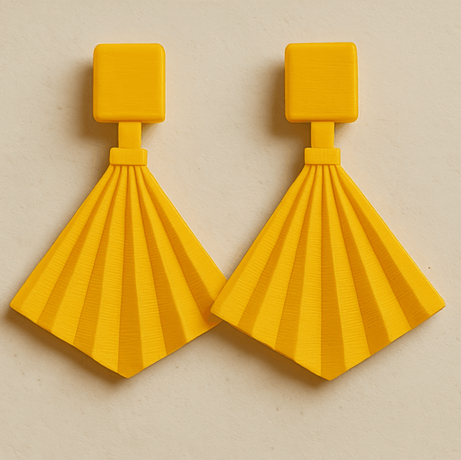 FanFold bright yellow pleated fan 3D printed earrings featuring a geometric fan shape with pleats.