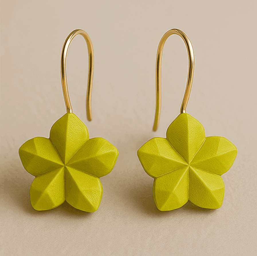 Green flower dangle earrings with faceted blossom shape
