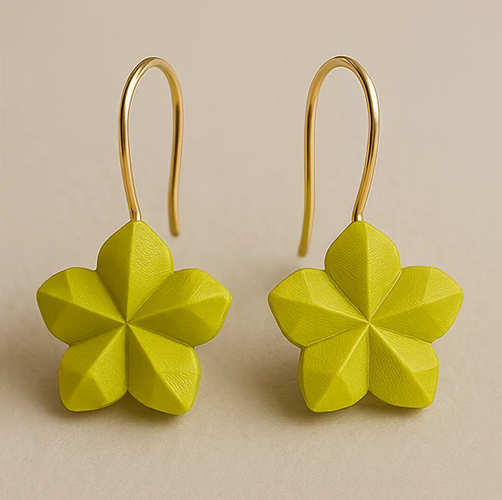 Green flower dangle earrings with faceted blossom shape
