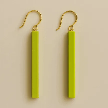 Long green dangle earrings in neon lime with slim rectangular drop and gold hook