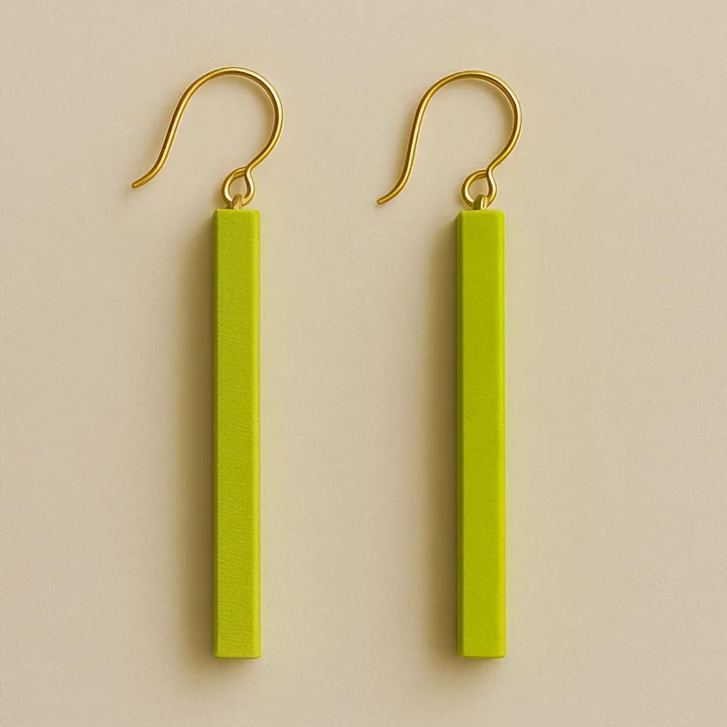 Long green dangle earrings in neon lime with slim rectangular drop and gold hook
