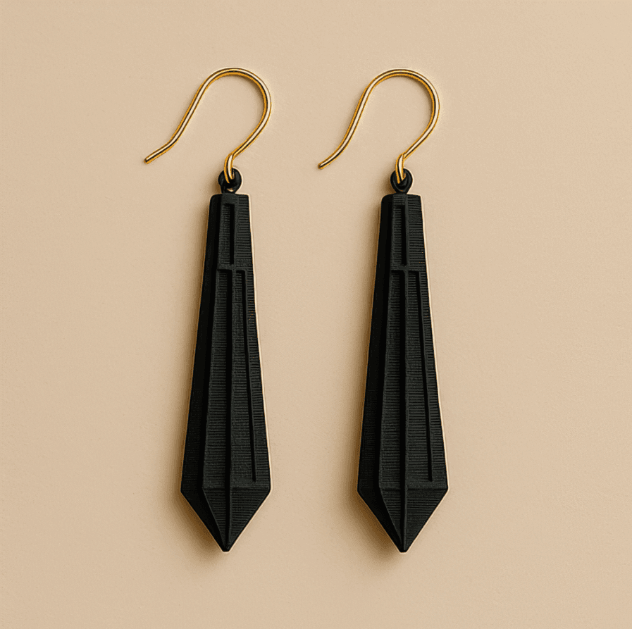 Long gold dangle drop earrings in matte black with sculpted 3D printed finish