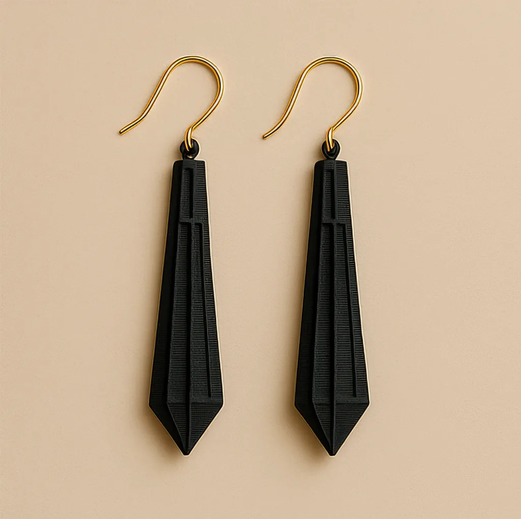 Long gold dangle drop earrings in matte black with sculpted 3D printed finish Long gold dangle drop earrings in matte black with sculpted 3D printed finish