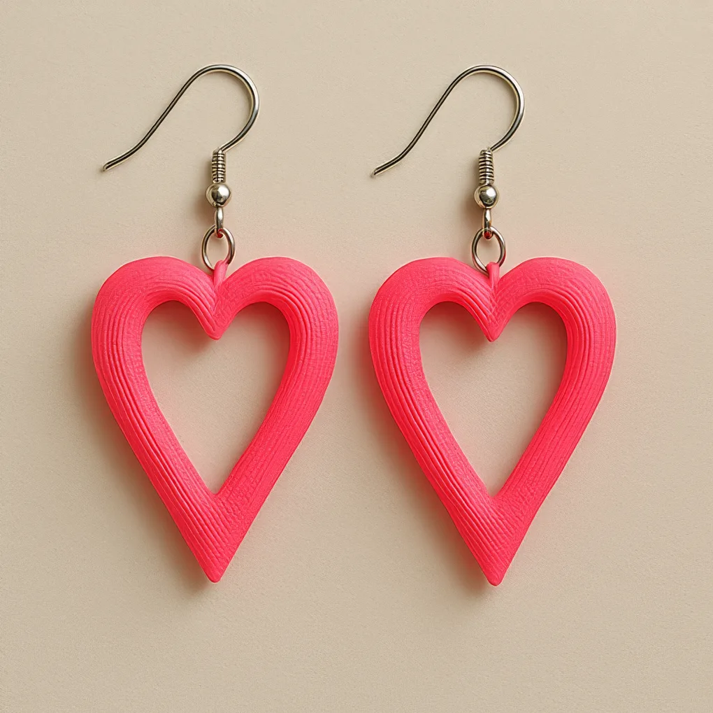 Pink heart dangle earrings with cut-out design and matte finish