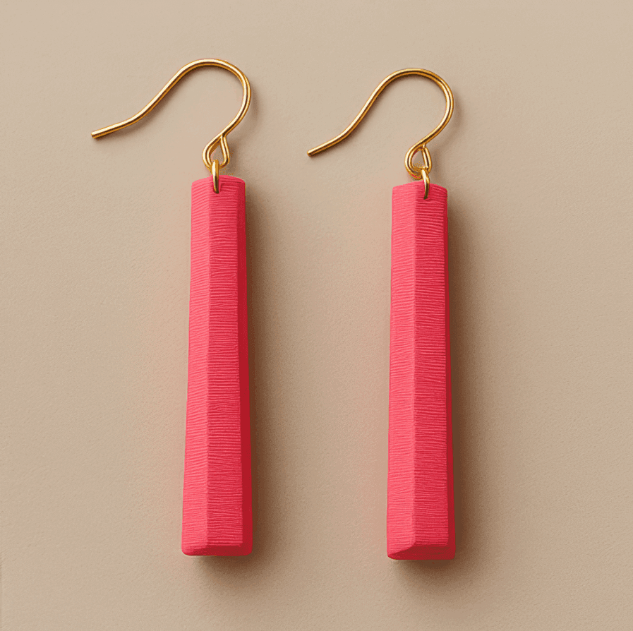 Long pink dangle earrings with gold fish-hook and sculpted matte finish