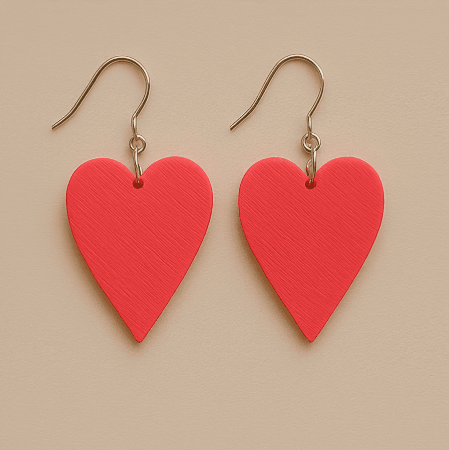 Red heart dangle earrings with matte surface and gold hooks