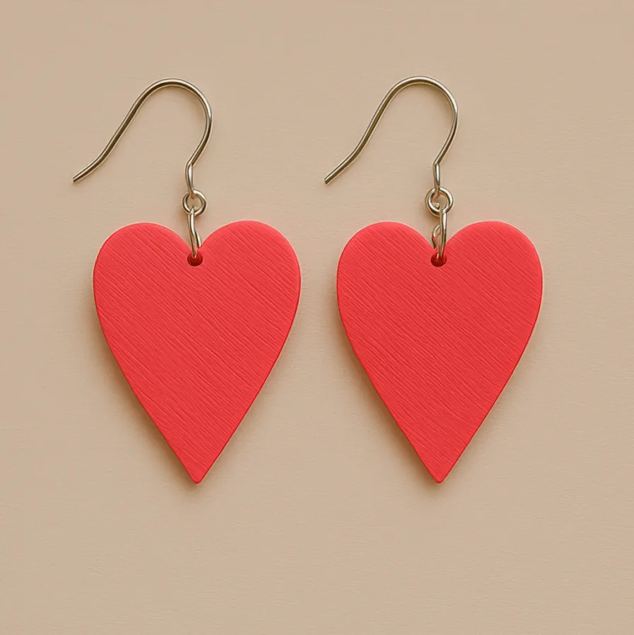 Red heart dangle earrings with matte surface and gold hooks