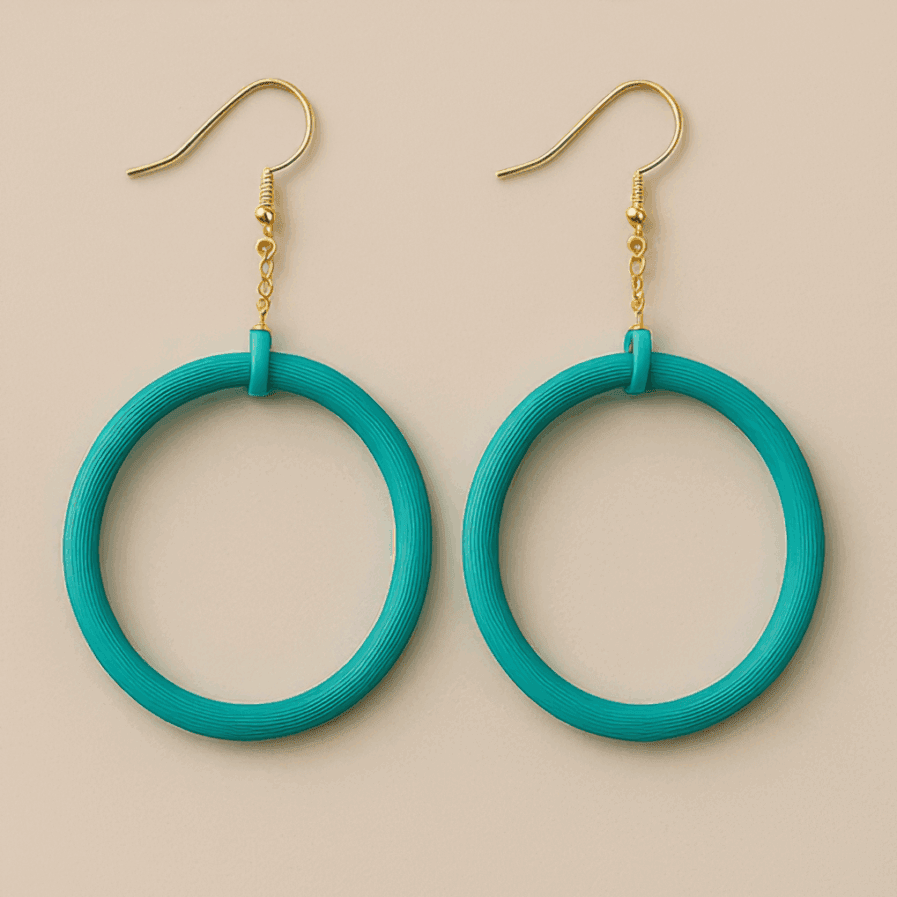 Turquoise dangle hoop earrings with gold hooks and circular matte frame