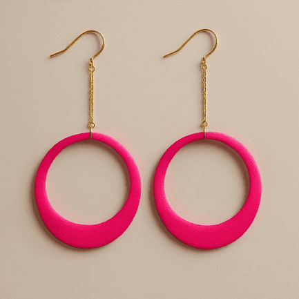 Pink hoop dangle earrings with chain detail and sculptural matte finish