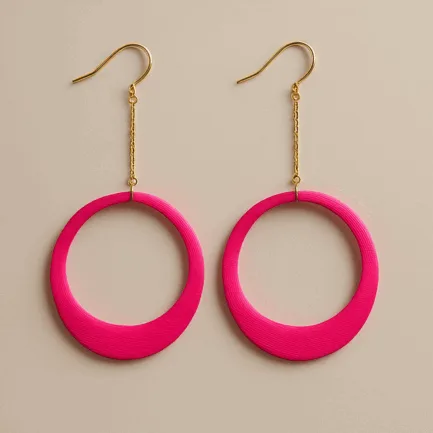 Pink hoop dangle earrings with chain detail and sculptural matte finish