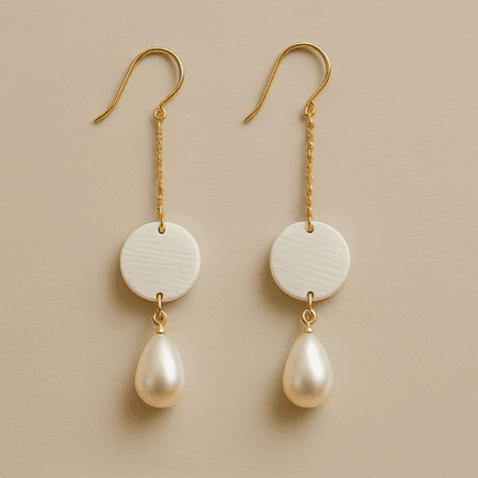 Dangle pearl earrings with ivory disc and gold hook design