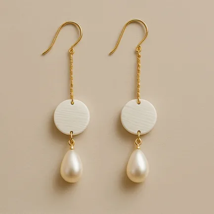 Dangle pearl earrings with ivory disc and gold hook design