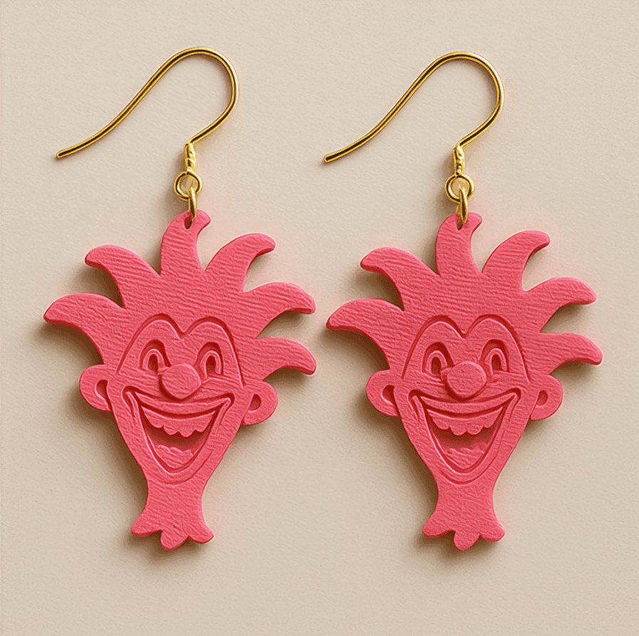 Fun earrings shaped like pink cartoon jesters