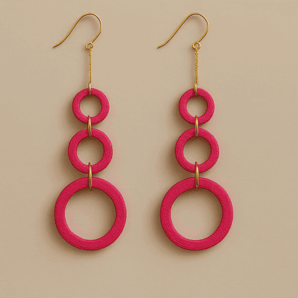 Pink dangle earrings with three stacked hoops in lightweight design