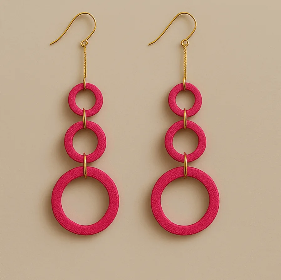 Pink dangle earrings with three stacked hoops in lightweight design