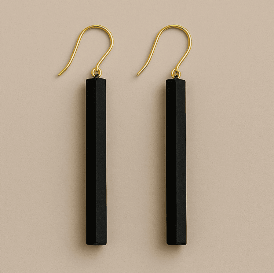 Black dangle earrings with long rectangular prism shape