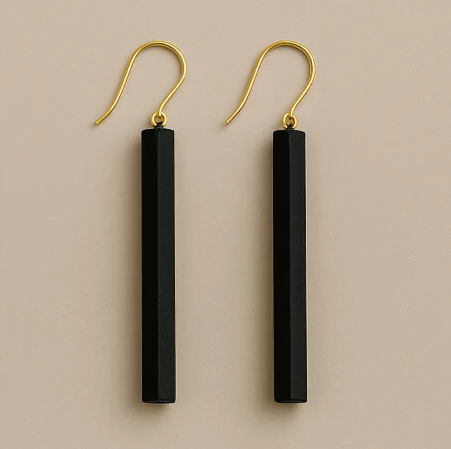 Black dangle earrings with long rectangular prism shape