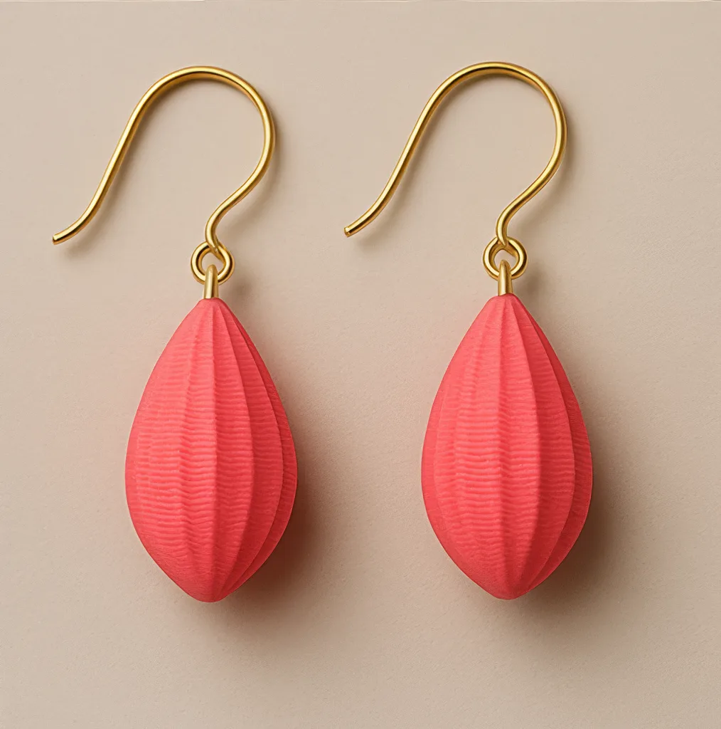 Pink dangle earrings with sculptural drop shape and gold hooks