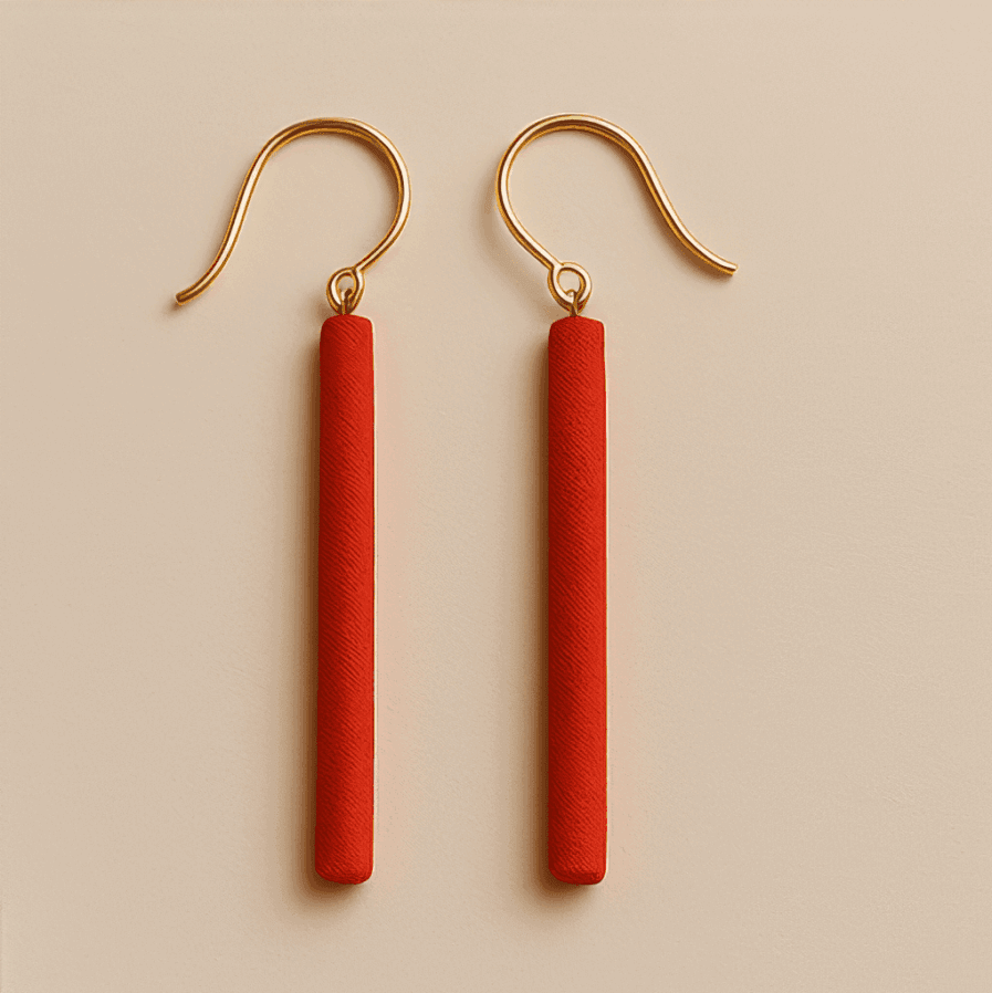 Long red dangle earrings with slim cylindrical shape and gold hooks