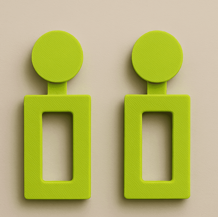 Green on earrings in rectangular cutout shape with circular stud