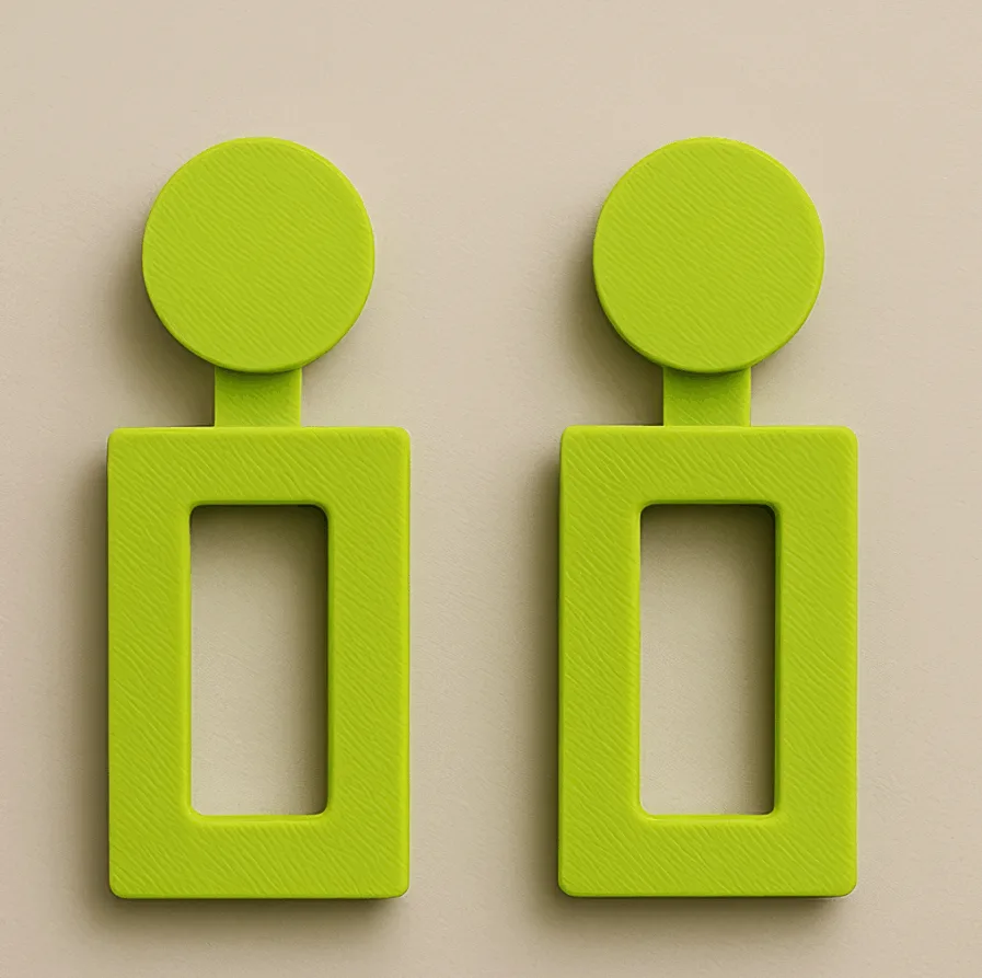 Green on earrings in rectangular cutout shape with circular stud