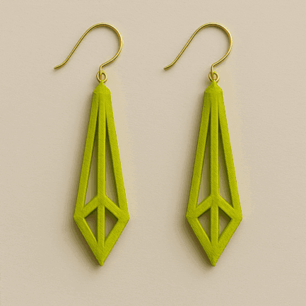 Bright green long gold dangle earrings with geometric openwork 3D design